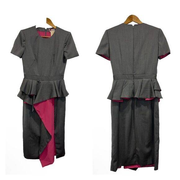 ALEXANDER MCQUEEN Gray Pink Herringbone Wool Silk Peplum Dress Sz 6 NWT SS20 - Picture 6 of 15